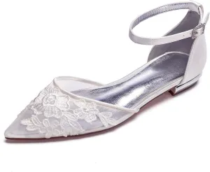 Charmstep Womens Pointed Toe Bridal Ballet Flats Ankle Strap Satin Mesh Lace Flowers Flat Wedding Dress Shoes 5047A-2