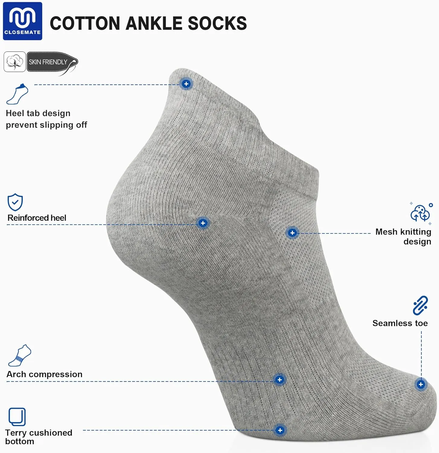 CLOSEMATE 7 Pairs Ankle Athletic Running Socks for Men Women - Comfortable Cotton Cushioned and Anti-Blister