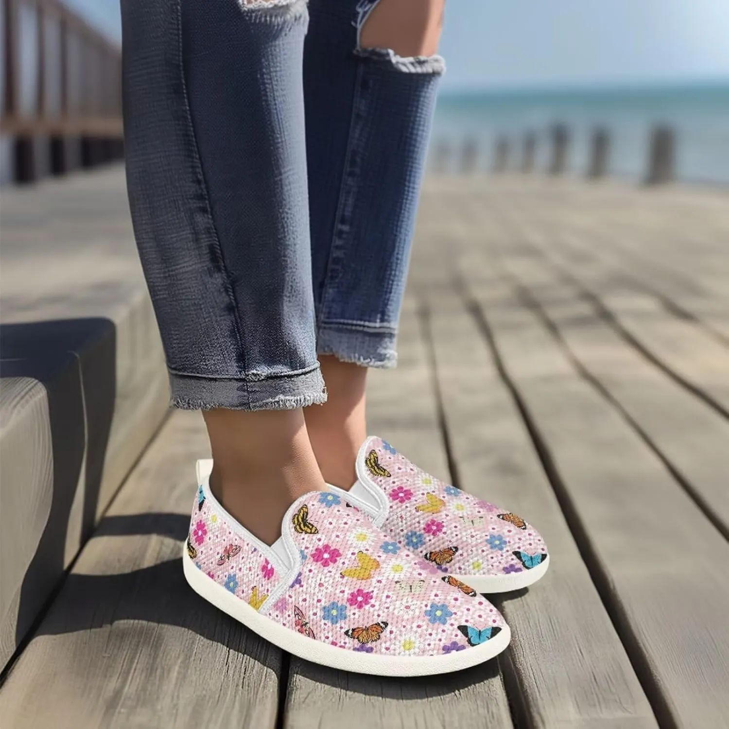 Coloranimal Womens Flats Slip On Shoes Casual Loafers Travel Shoes Lightweight Athletic Shoes Mesh Flats Anti Skid Penny Loafers White Sole