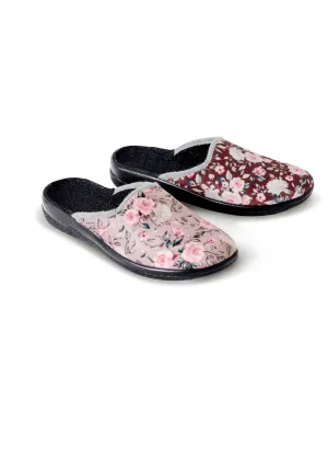 Comfort width mule slipper with floral pattern