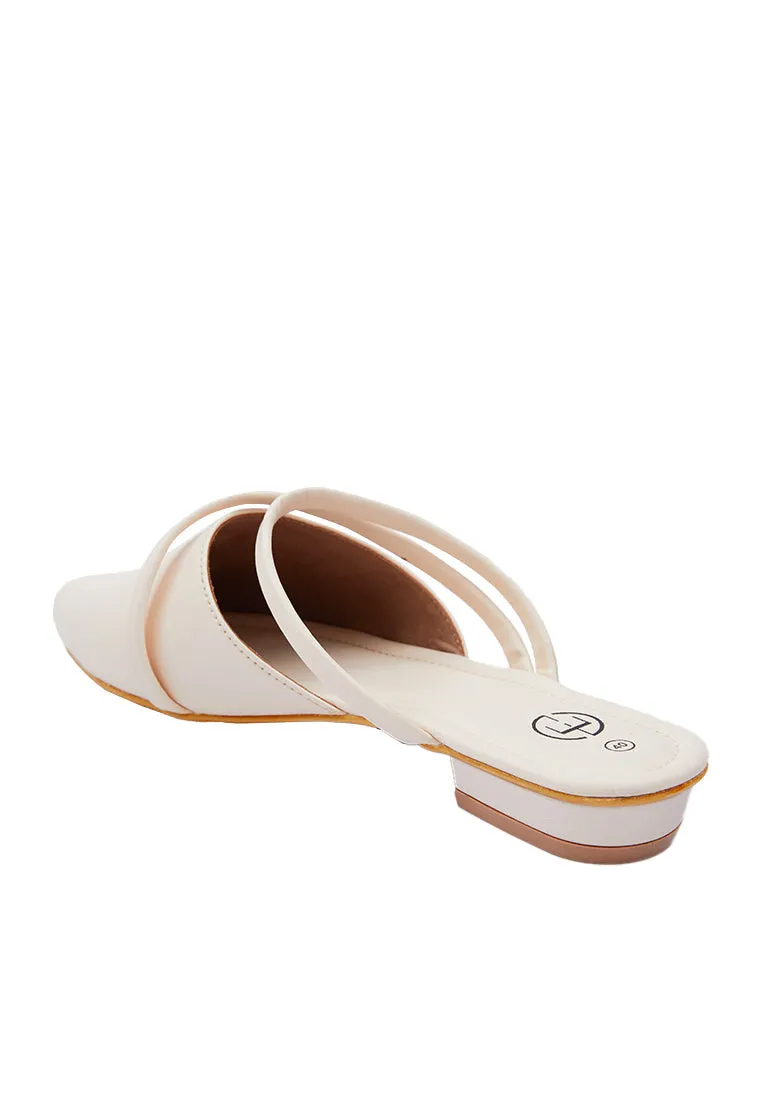 Cream Pointed Strap Flat Mules