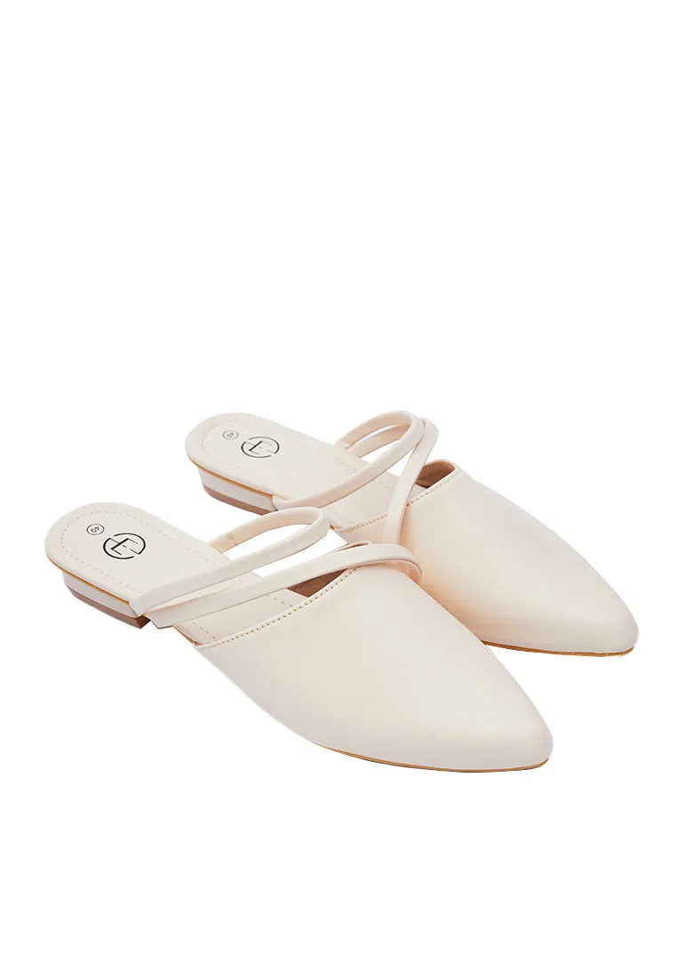 Cream Pointed Strap Flat Mules
