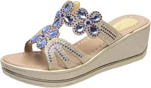 Cubicbee Women's Rhinestone Wedge Fashion Bohemian Sandals Slippers,Comfortable Non-Slip Slip on Beach Slippers Open Toe Evening Shiny Wedding Dress Wide Sandals