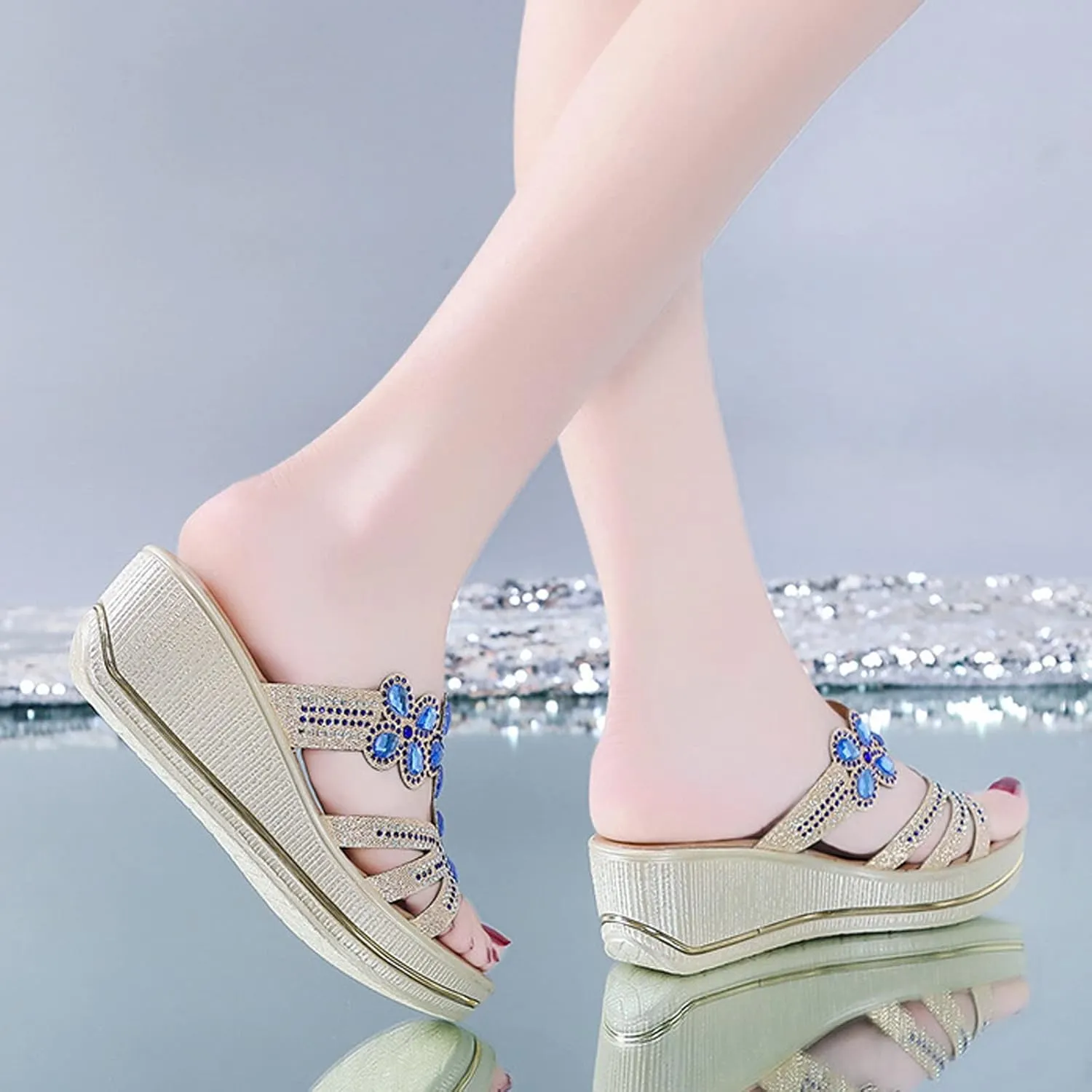 Cubicbee Women's Rhinestone Wedge Fashion Bohemian Sandals Slippers,Comfortable Non-Slip Slip on Beach Slippers Open Toe Evening Shiny Wedding Dress Wide Sandals