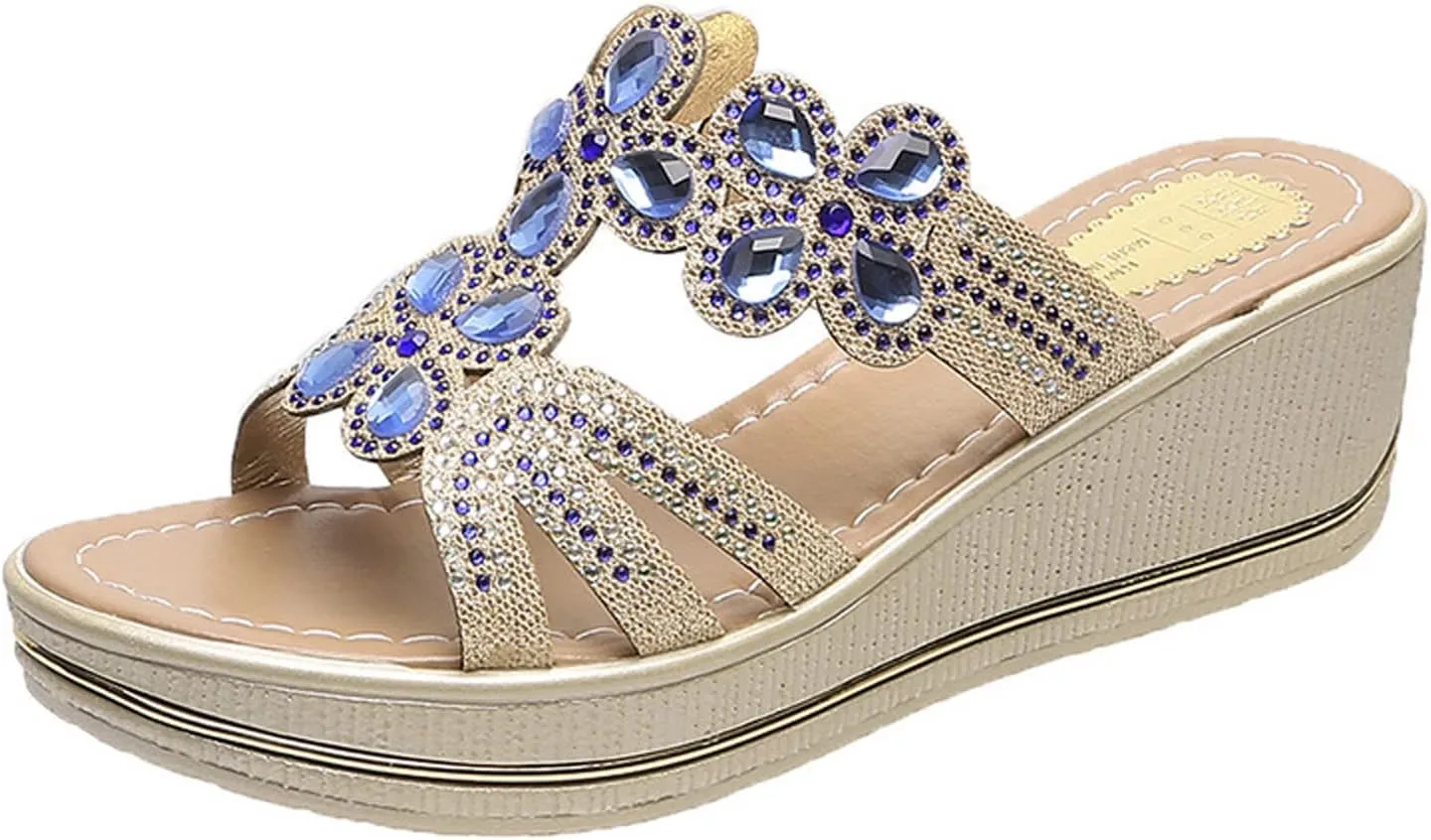 Cubicbee Women's Rhinestone Wedge Fashion Bohemian Sandals Slippers,Comfortable Non-Slip Slip on Beach Slippers Open Toe Evening Shiny Wedding Dress Wide Sandals