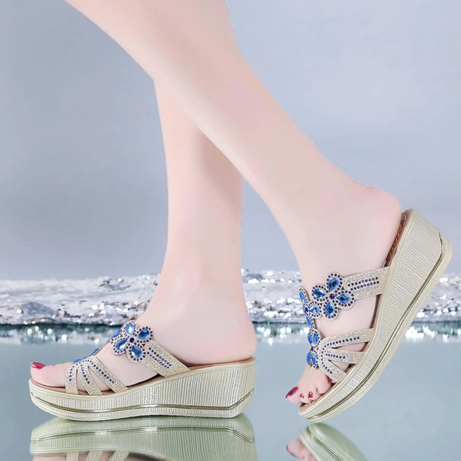 Cubicbee Women's Rhinestone Wedge Fashion Bohemian Sandals Slippers,Comfortable Non-Slip Slip on Beach Slippers Open Toe Evening Shiny Wedding Dress Wide Sandals