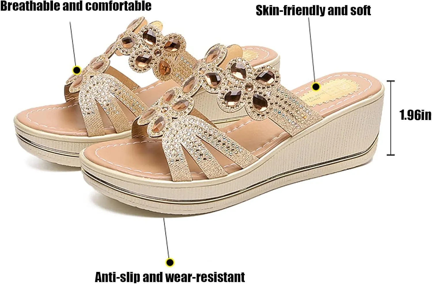 Cubicbee Women's Rhinestone Wedge Fashion Bohemian Sandals Slippers,Comfortable Non-Slip Slip on Beach Slippers Open Toe Evening Shiny Wedding Dress Wide Sandals