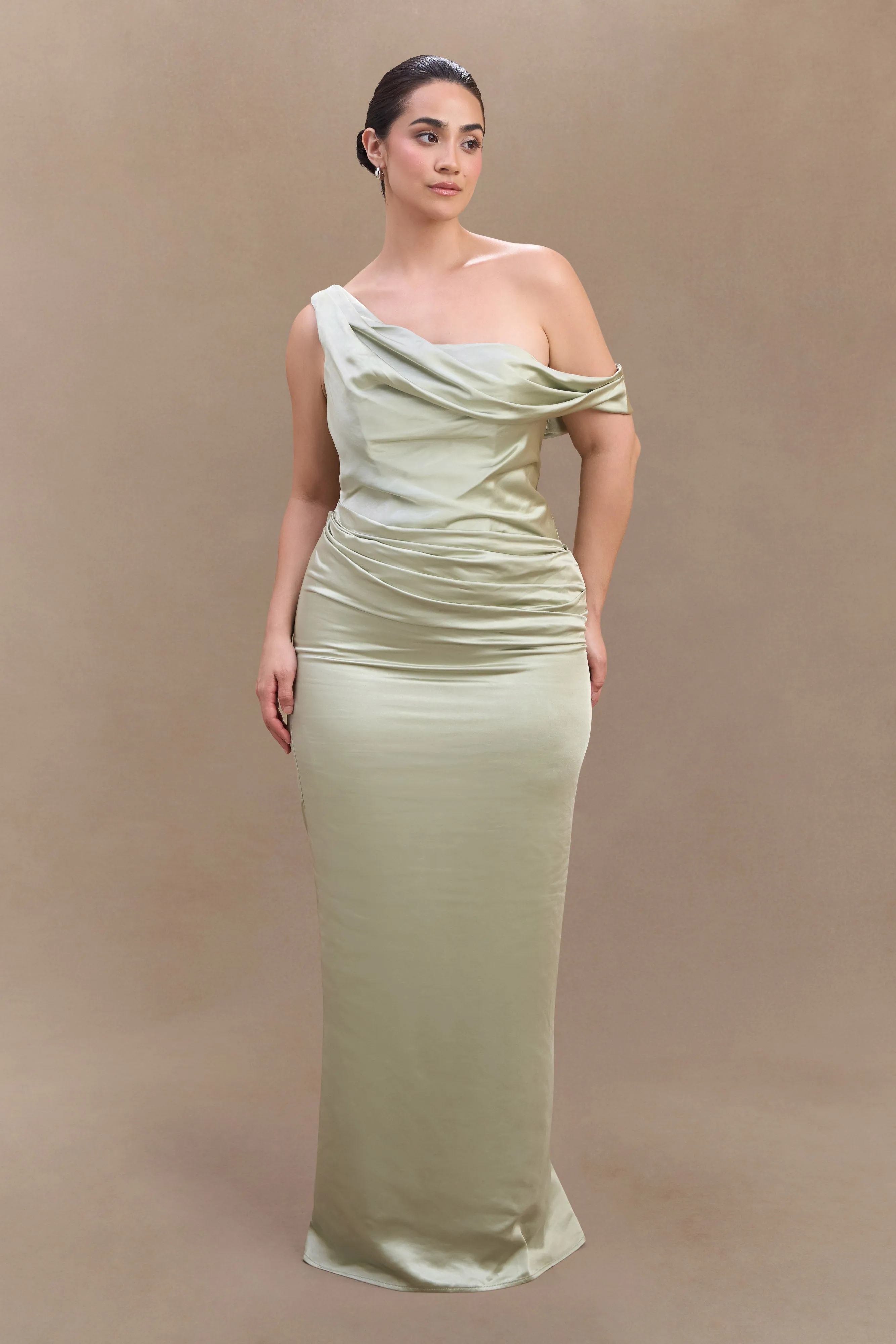 Dalia Off Shoulder Satin Maxi Dress - Sage