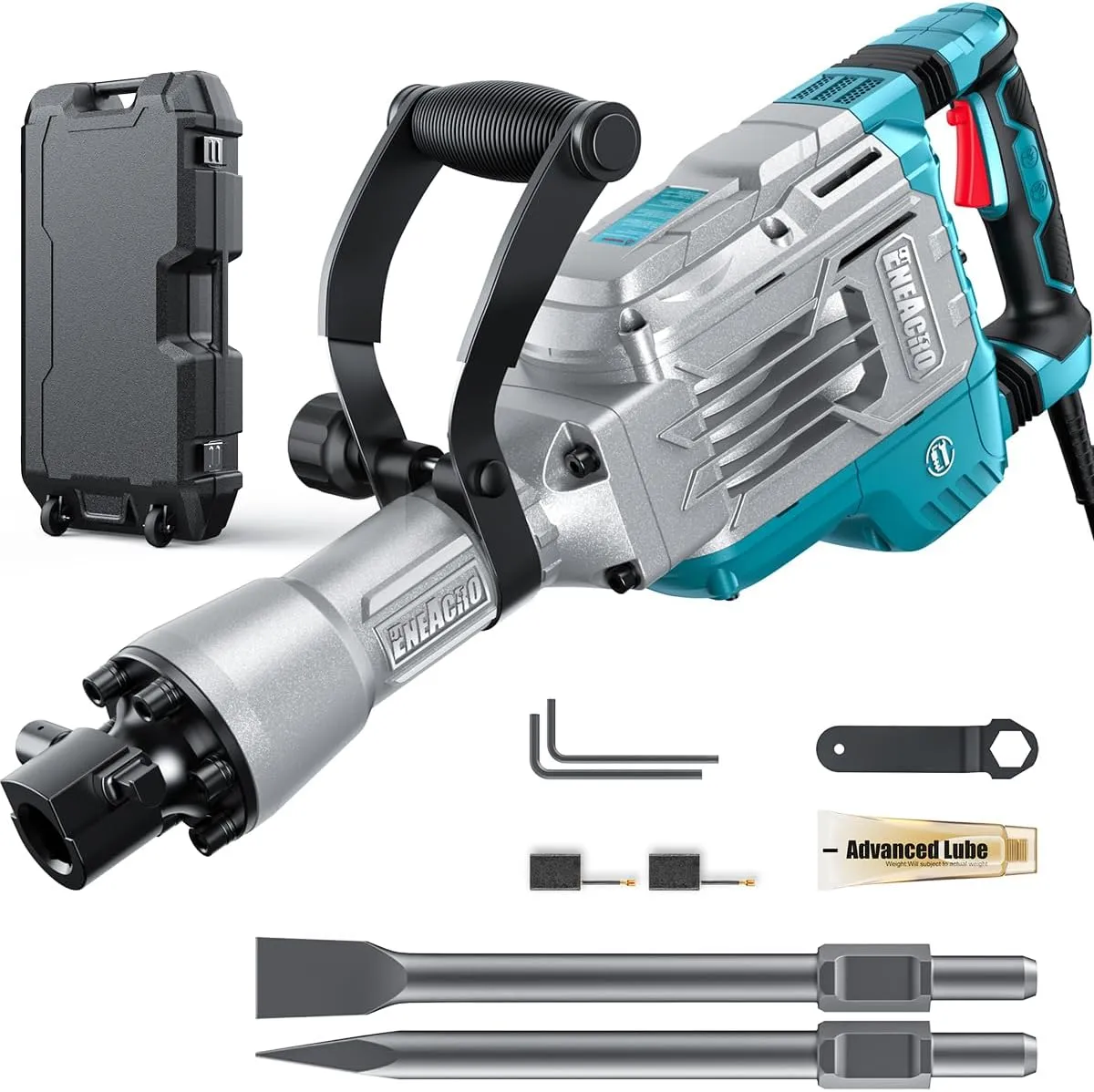 ENEACRO Demolition Jack Hammer 14.5Amp SDS-Hex Concrete Breaker, 65 Joules Heavy Duty Chipping Hammer Cement/Pavement/Floor Breaker, with 2pcs of chisels and Carry box with Rollers