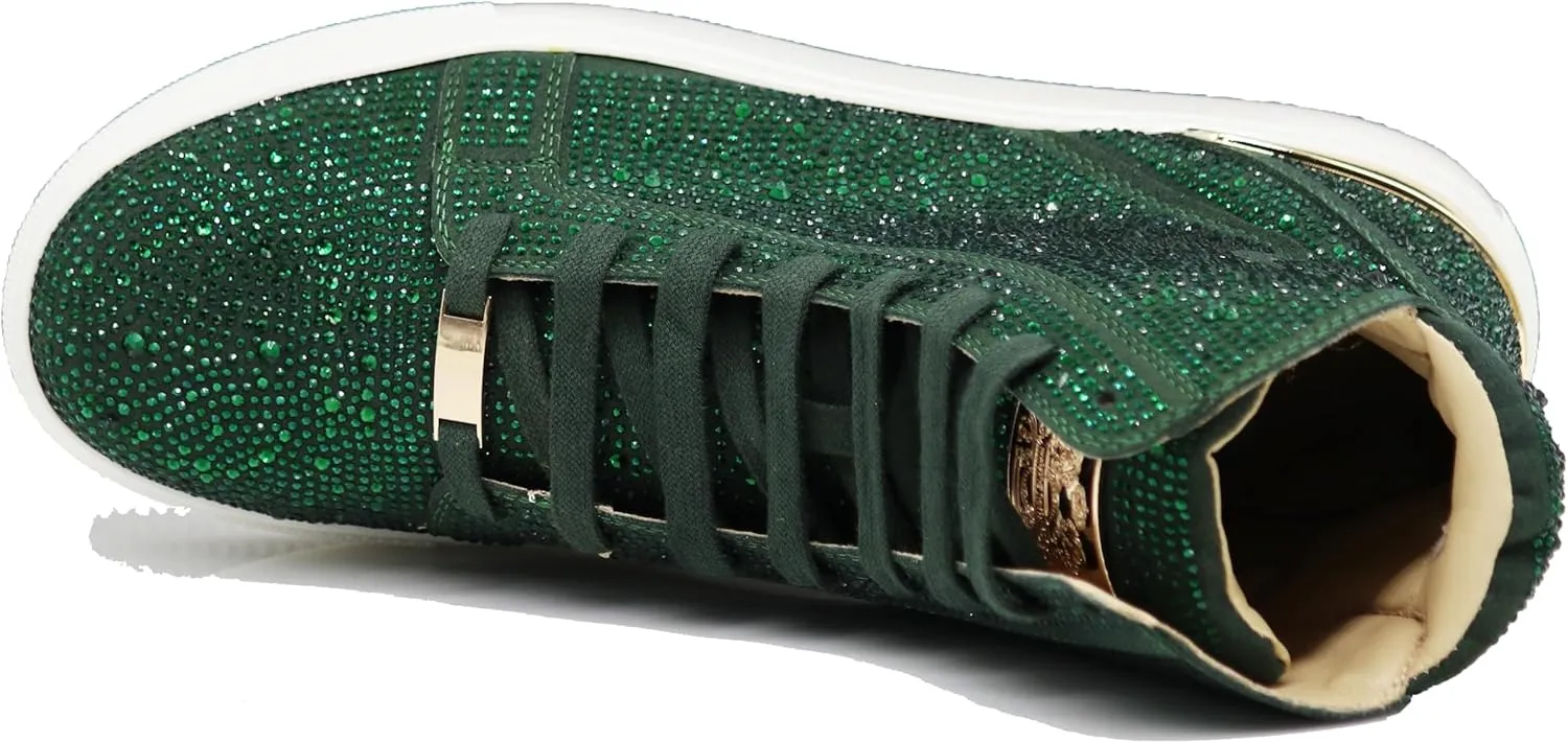 Enzo Romeo Men's Fashion High Top Crystal Shimmer Rhinestone Blink Flat Sneakers Shoes