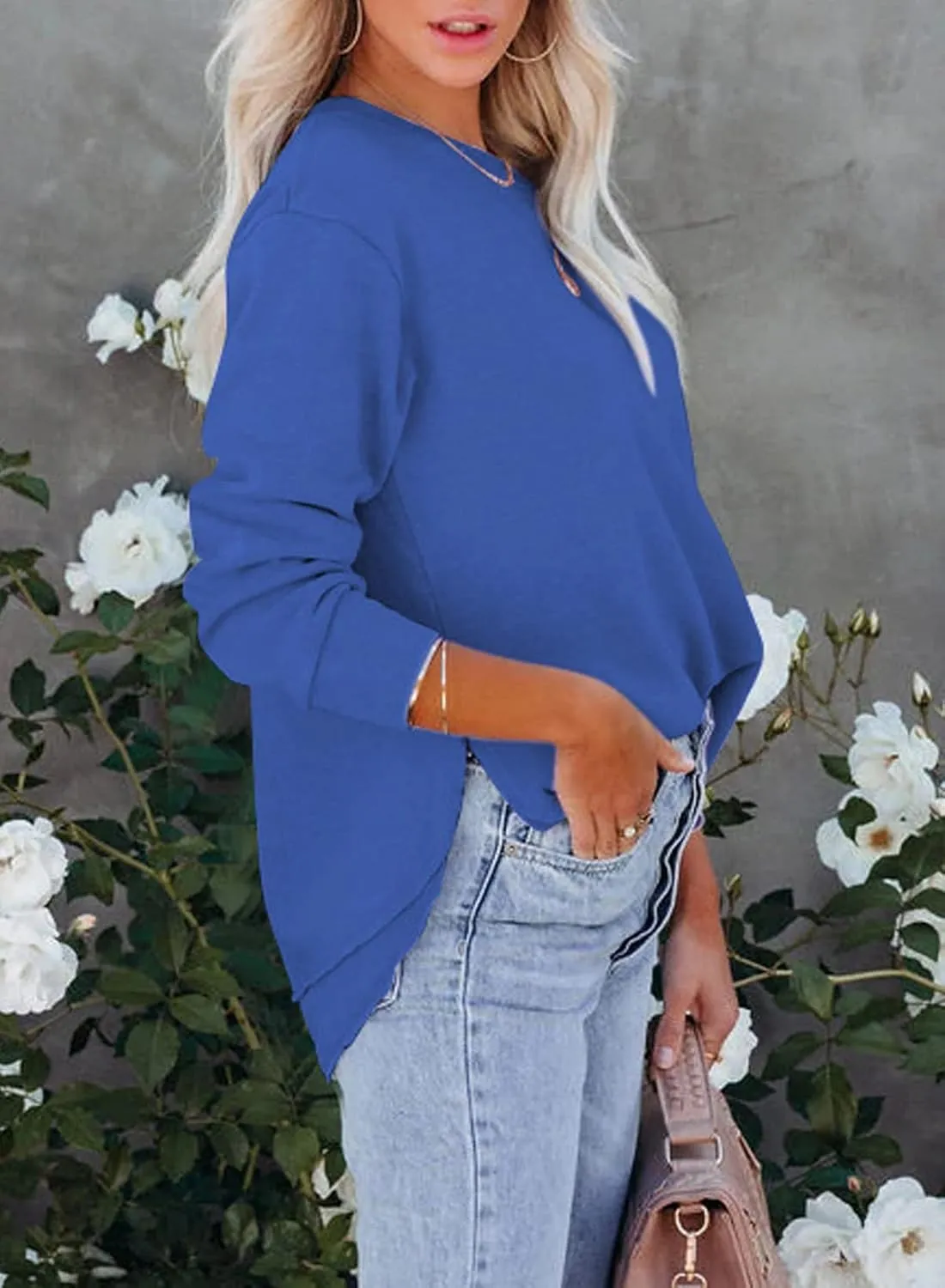 EVALESS Sweatshirt for Women Crewneck Long Sleeve Side Split Tops Casual Solid Color Loose Pullover Shirts 2025 Clothes
