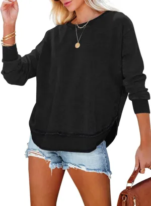 EVALESS Sweatshirt for Women Crewneck Long Sleeve Side Split Tops Casual Solid Color Loose Pullover Shirts 2025 Clothes