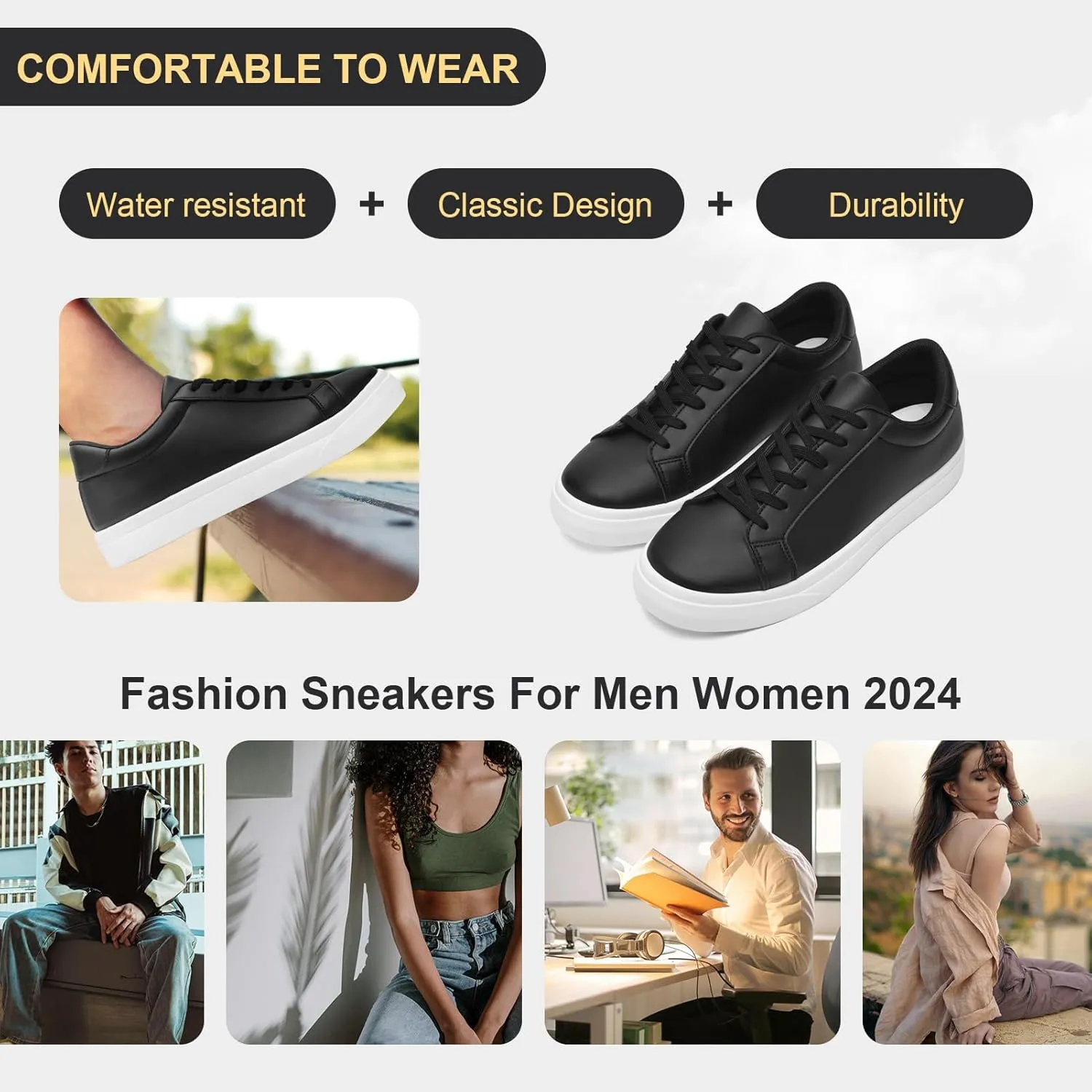 Fashion Sneakers for Men Women, Men’s Black Casual Leather Skate Shoes, Non Slip Comfortable Breathable Tennis Walking Shoes