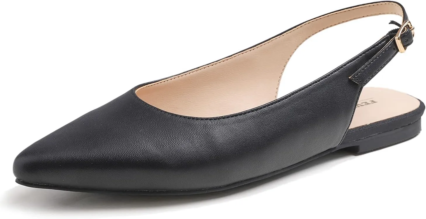 FEVERSOLE Pointed Toe Casual Slingback Flat Mules Women's Fashion Buckle Strap Slide Summer Slippers