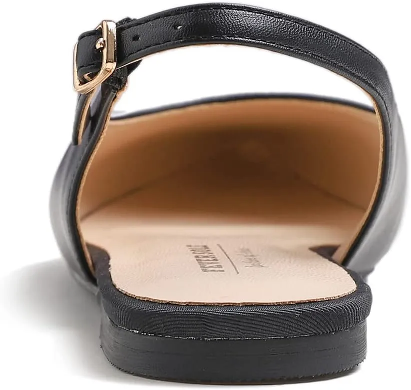 FEVERSOLE Pointed Toe Casual Slingback Flat Mules Women's Fashion Buckle Strap Slide Summer Slippers