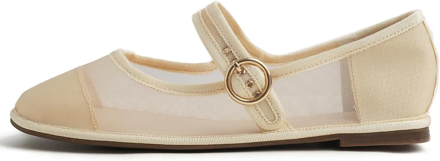 FEVERSOLE Women's Soft Breathable Mary Jane Memory Foam Cushioned Comfort Round Toe Metal Buckle Flats Walking Shoes
