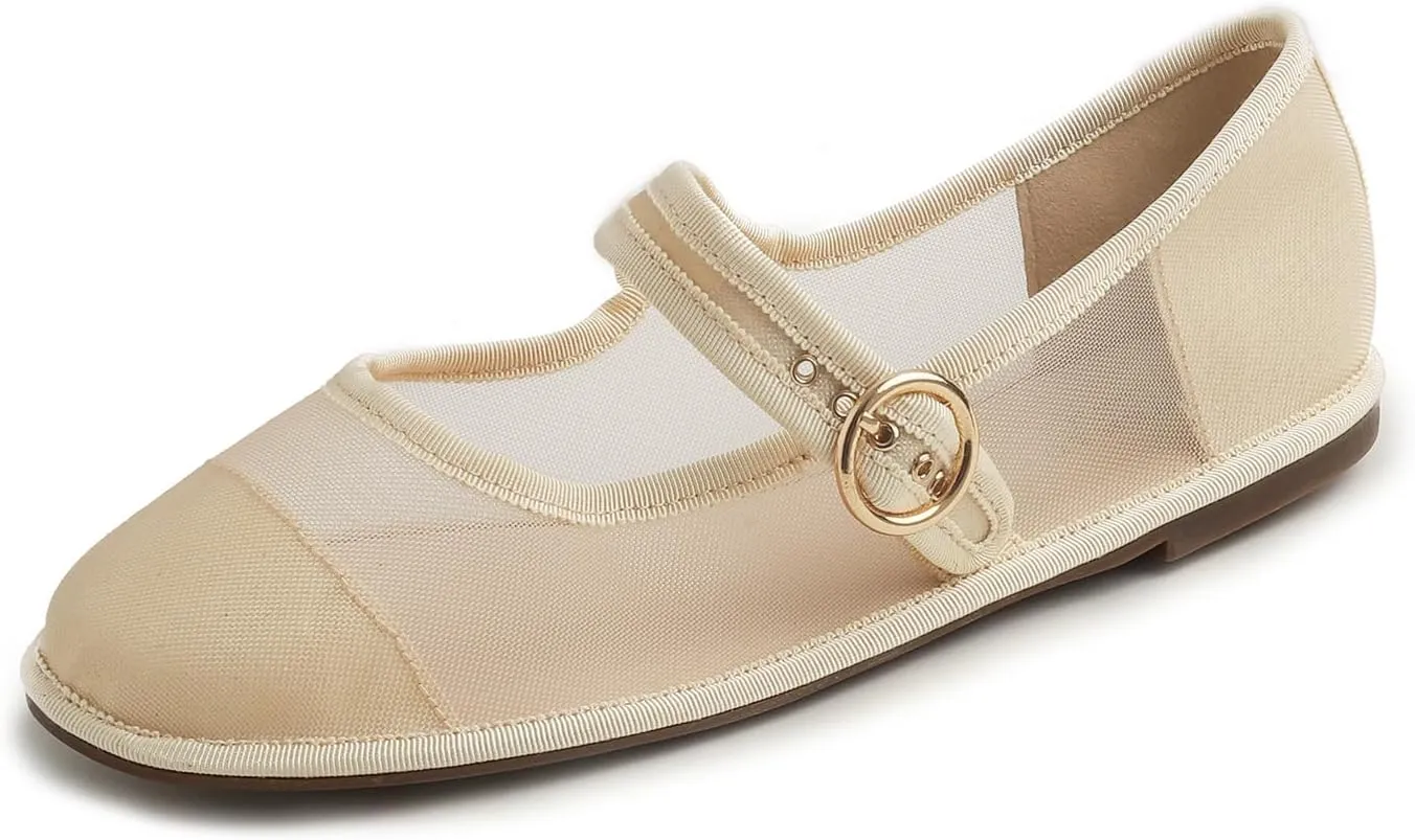 FEVERSOLE Women's Soft Breathable Mary Jane Memory Foam Cushioned Comfort Round Toe Metal Buckle Flats Walking Shoes
