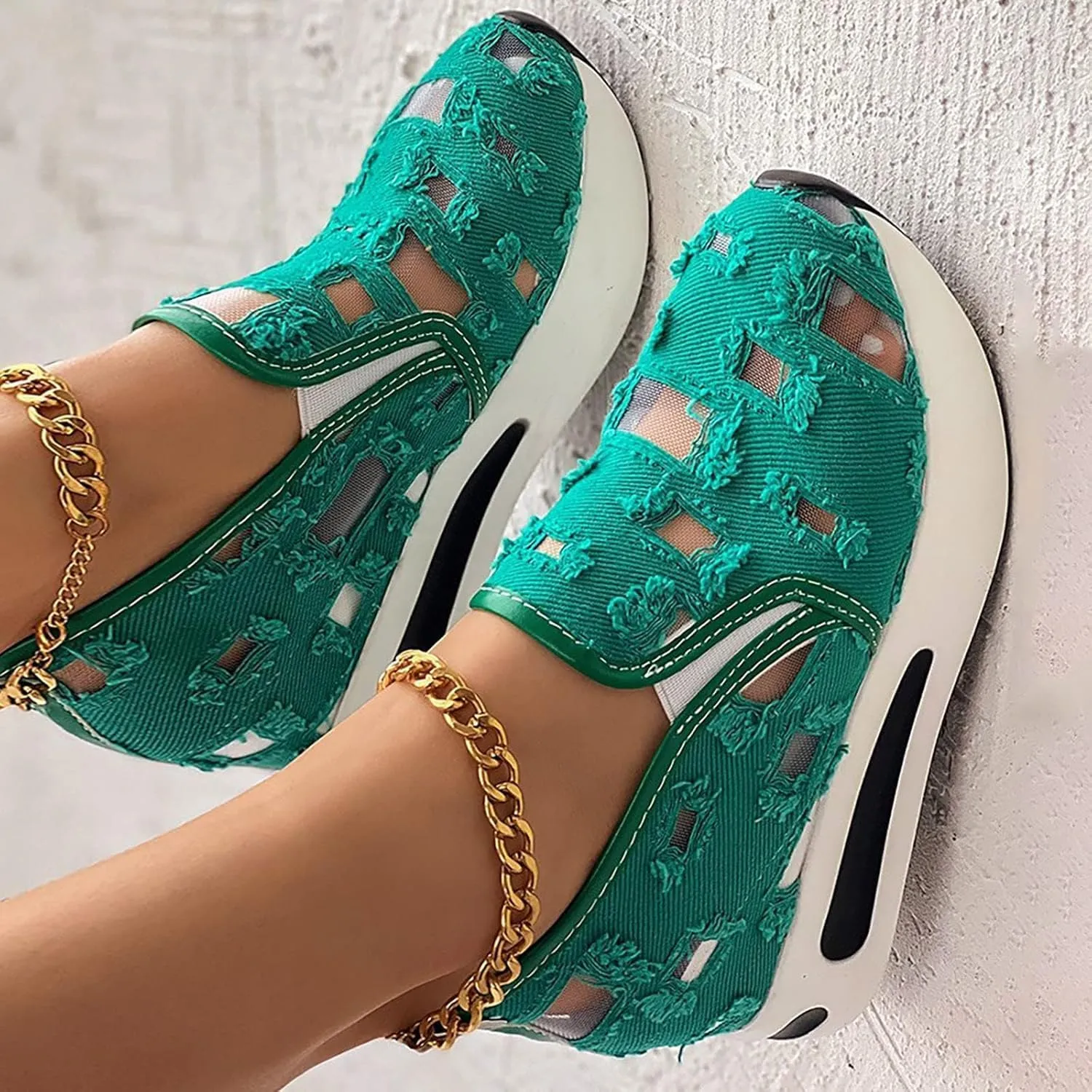 Floral Embroidery Sandals for Women 2025 Dressy Comfortable Embroidery Wide Width Platform Wedge Breathable Sheer Mesh Lace Sneakers with Arch Support Slip On Walking Work Shoes