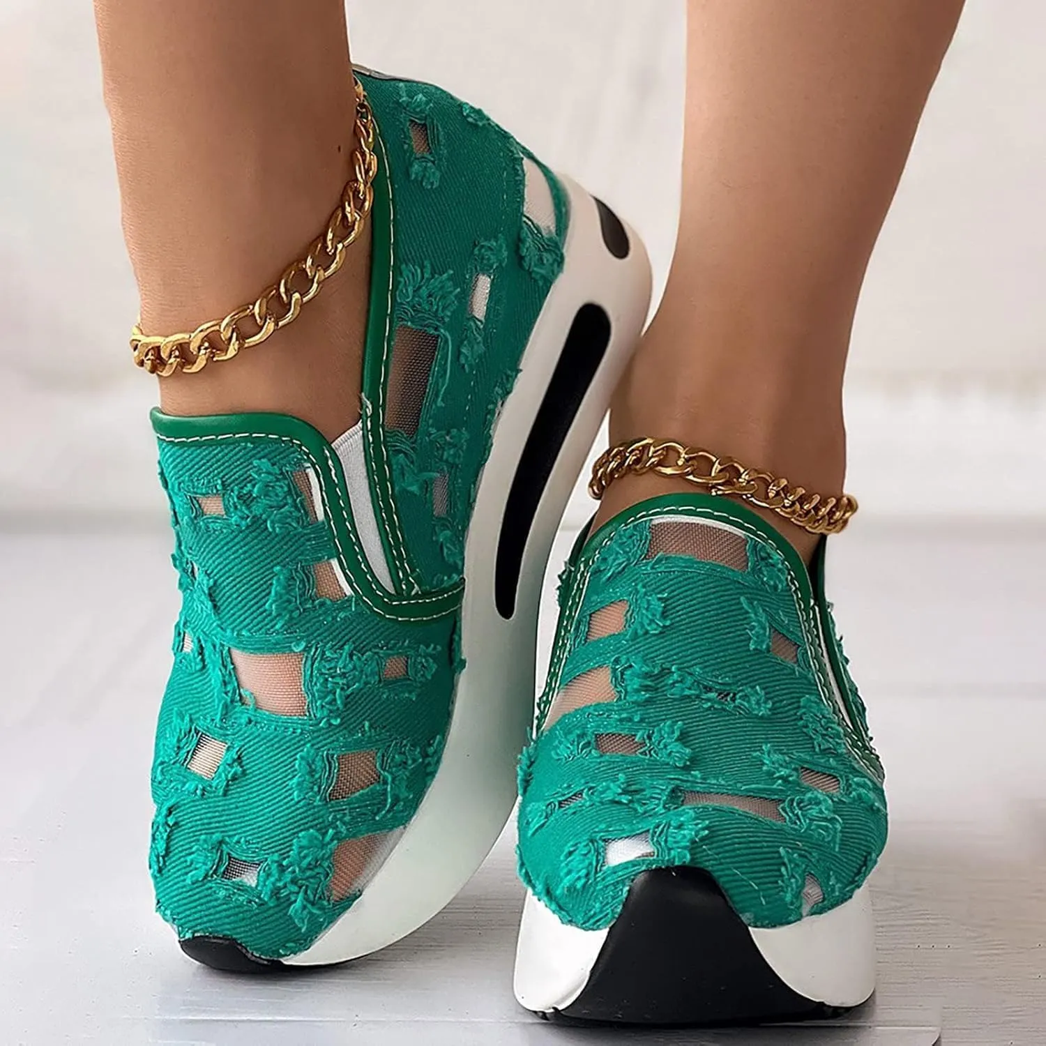 Floral Embroidery Sandals for Women 2025 Dressy Comfortable Embroidery Wide Width Platform Wedge Breathable Sheer Mesh Lace Sneakers with Arch Support Slip On Walking Work Shoes