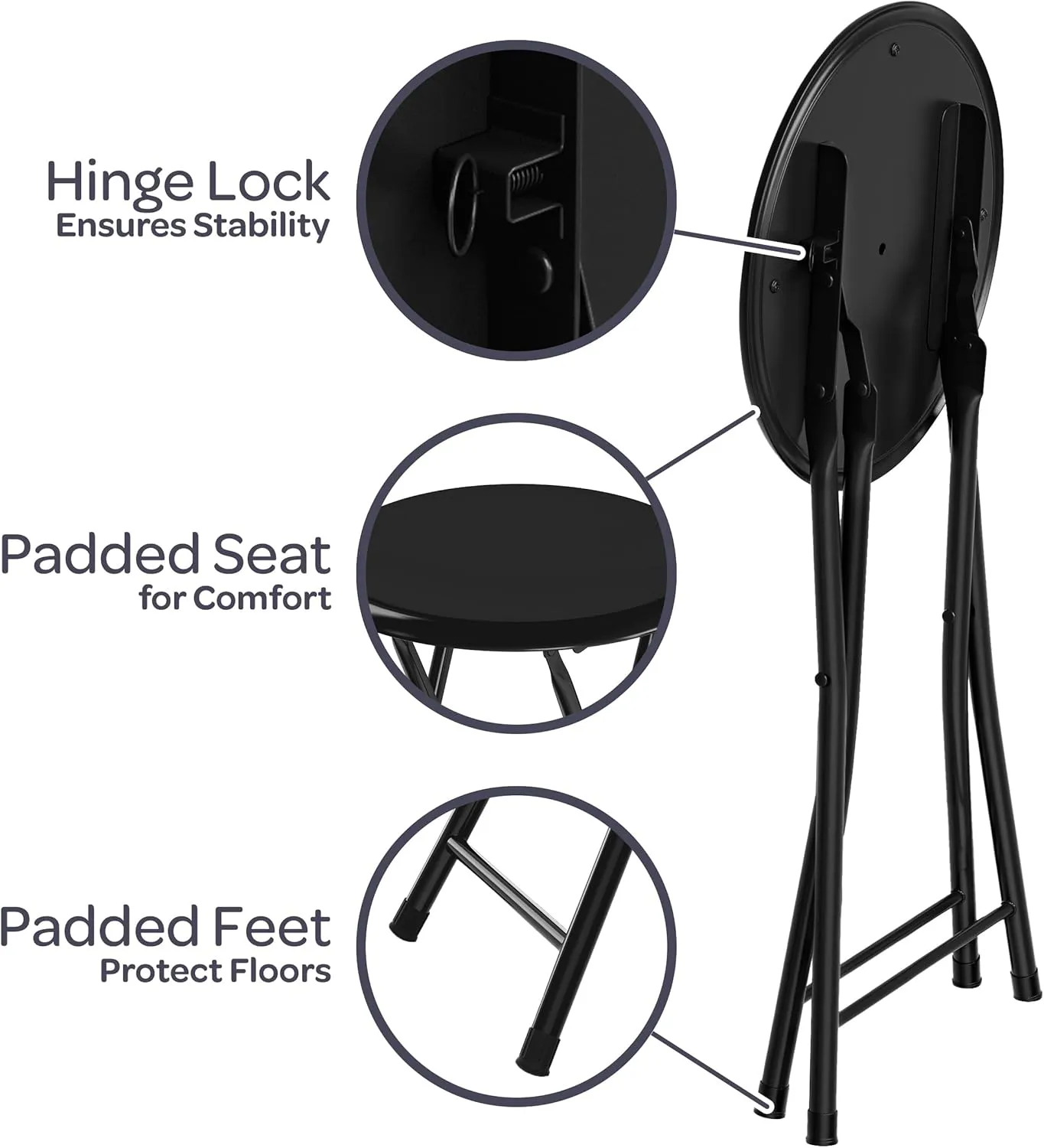 Folding Bar Stools - Set of 4 Heavy-Duty 18-Inch Stool - 225lb Capacity and Padded Seats for Dorm, Recreation or Game Room by Lavish Home (Black)