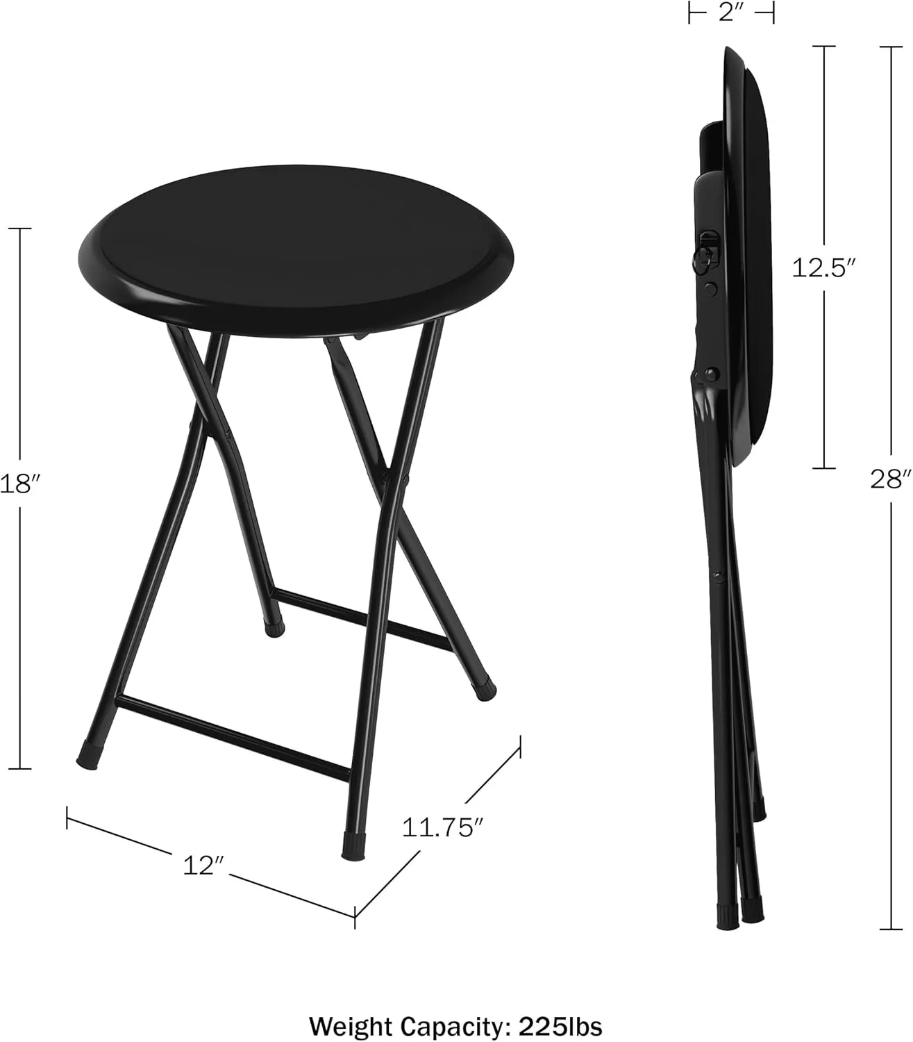 Folding Bar Stools - Set of 4 Heavy-Duty 18-Inch Stool - 225lb Capacity and Padded Seats for Dorm, Recreation or Game Room by Lavish Home (Black)
