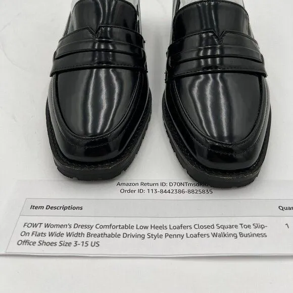 FOWT Black Dressy Comfortable Low Heels Loafers Square Toe Office Shoes