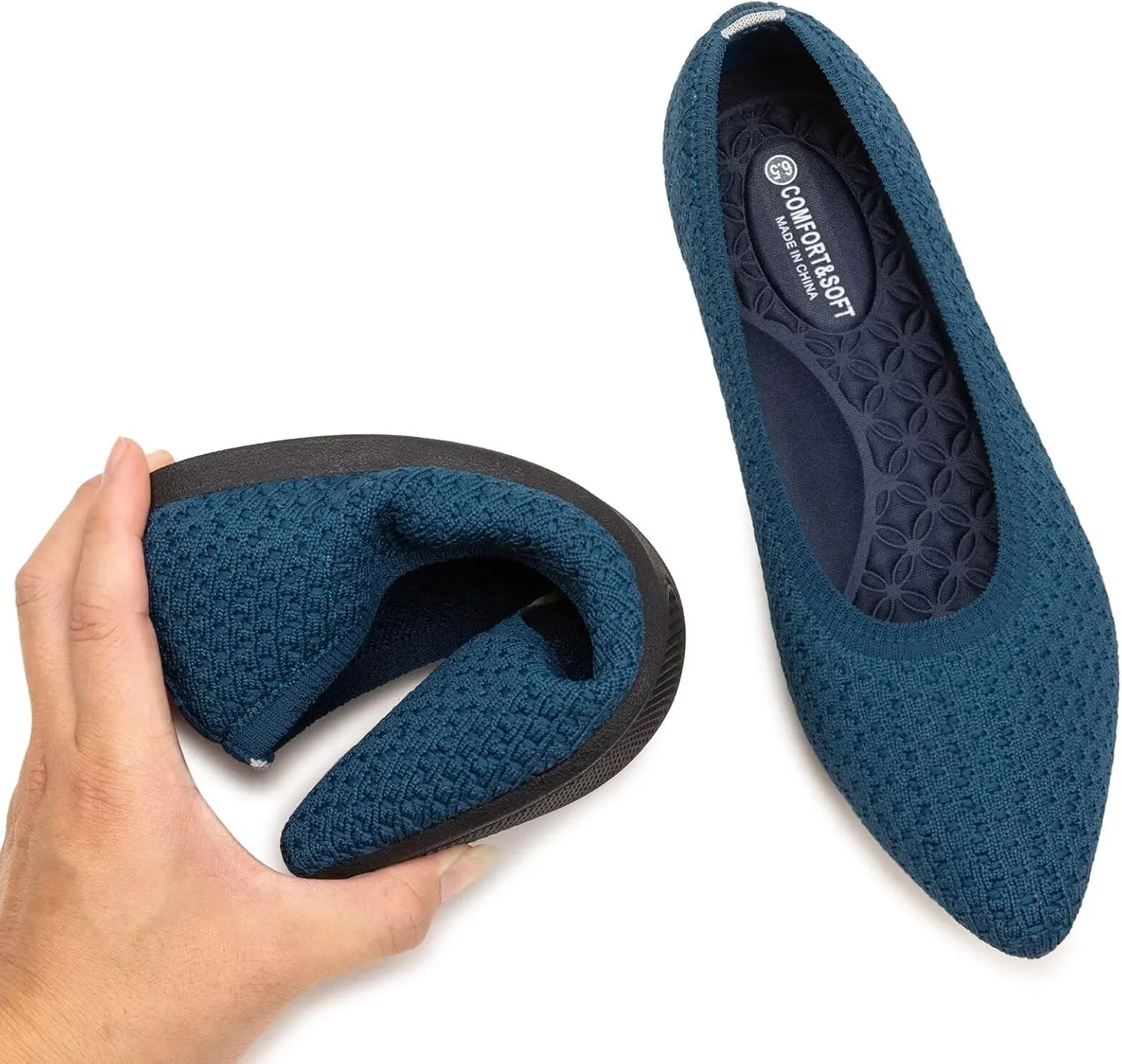 Frank Mully Womens Pointed Toe Flats Knit Dress Shoes Comfort Women Shoes Slip On Shoes for Woman Classic Softable Shoes Low Wedge