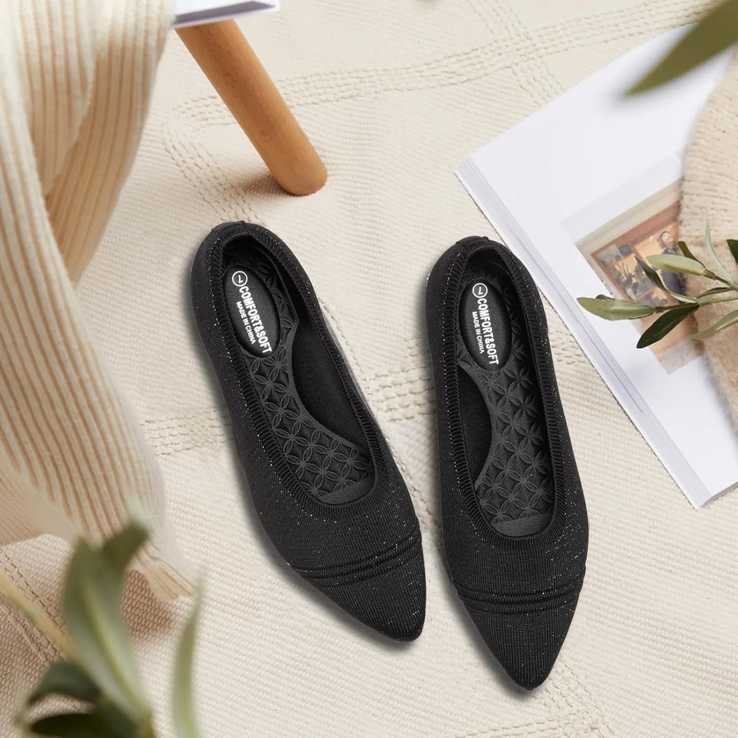 Frank Mully Women's Pointed Toe Flats Slip On Flat Knit Ballet Flats Shoes Women Dressy Comfortable Work Flats Office Shoes