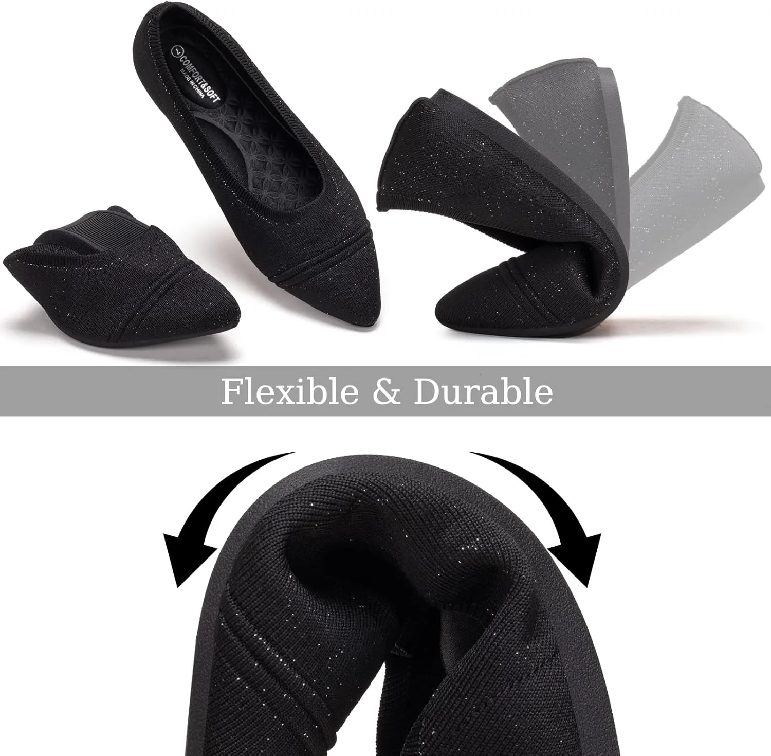 Frank Mully Women's Pointed Toe Flats Slip On Flat Knit Ballet Flats Shoes Women Dressy Comfortable Work Flats Office Shoes