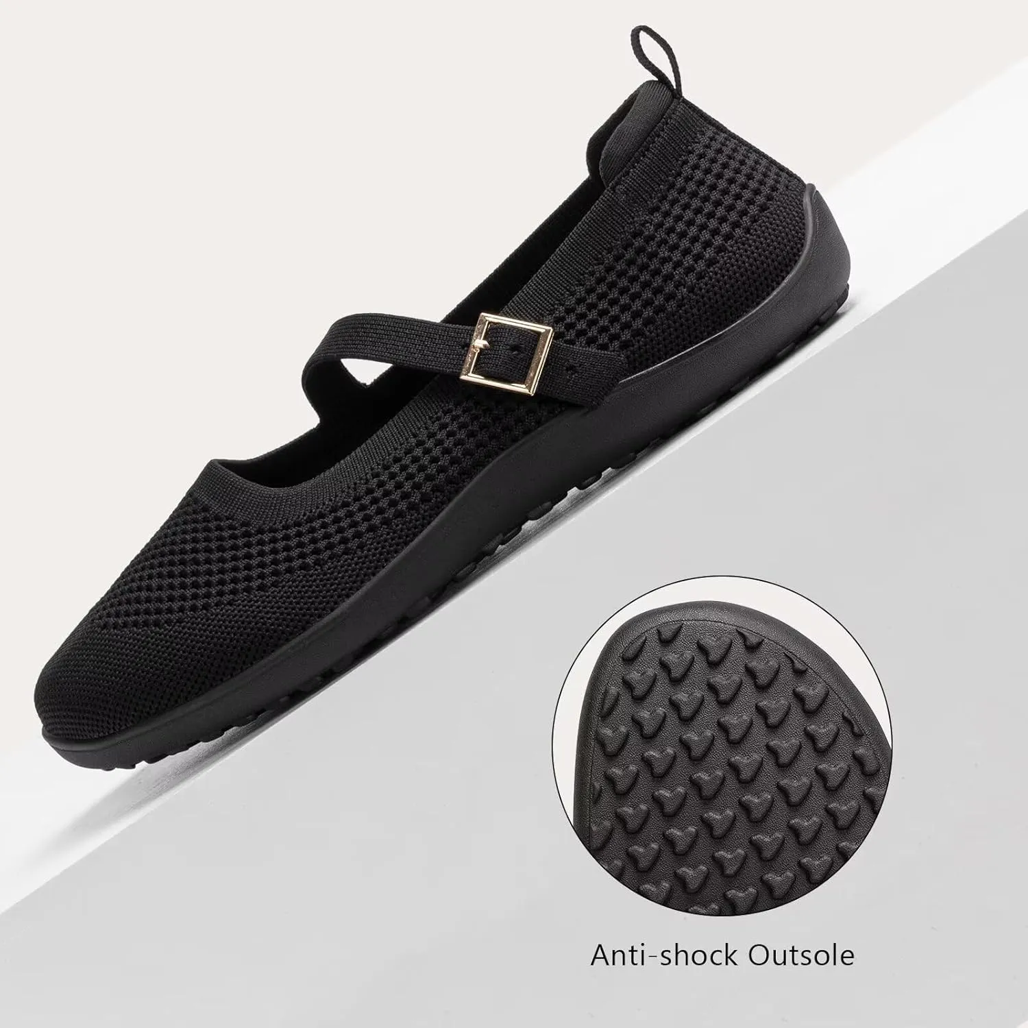 Frank Mully Women's Wide Width Flats Mary Jane Flat Comofortable Knit Ballet Flat Wide Toe Box Dress Shoes with Adjustable Straps