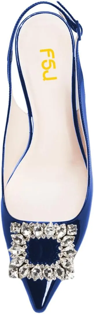 FSJ Women Fashion Crystal Square Buckle Closed Pointed Toe Slingback Pumps Rhinestone Block Low Heel Sandals Party Prom Dress Shoes Size 4-16 US