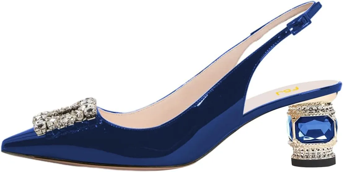 FSJ Women Fashion Crystal Square Buckle Closed Pointed Toe Slingback Pumps Rhinestone Block Low Heel Sandals Party Prom Dress Shoes Size 4-16 US