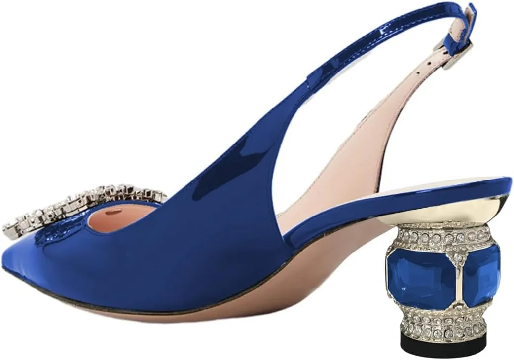 FSJ Women Fashion Crystal Square Buckle Closed Pointed Toe Slingback Pumps Rhinestone Block Low Heel Sandals Party Prom Dress Shoes Size 4-16 US