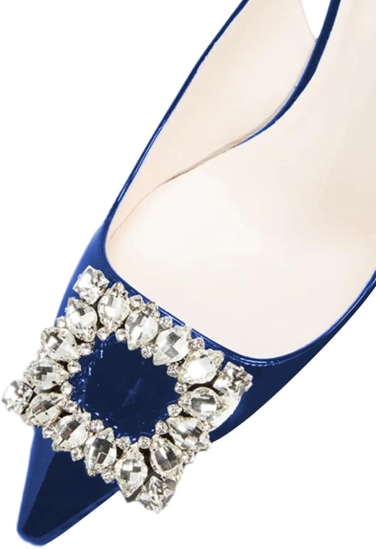 FSJ Women Fashion Crystal Square Buckle Closed Pointed Toe Slingback Pumps Rhinestone Block Low Heel Sandals Party Prom Dress Shoes Size 4-16 US