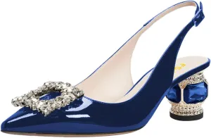 FSJ Women Fashion Crystal Square Buckle Closed Pointed Toe Slingback Pumps Rhinestone Block Low Heel Sandals Party Prom Dress Shoes Size 4-16 US