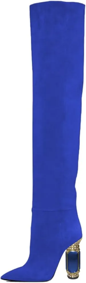 FSJ Women Over The Knee Boots Thigh High Crystal Chunky Heel Sparkly Rhinestone Closed Toe Stretch Long Boots Size 4-15 US
