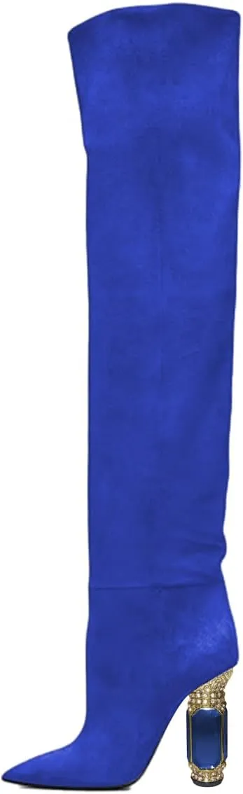 FSJ Women Over The Knee Boots Thigh High Crystal Chunky Heel Sparkly Rhinestone Closed Toe Stretch Long Boots Size 4-15 US