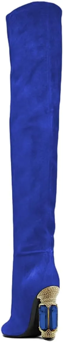 FSJ Women Over The Knee Boots Thigh High Crystal Chunky Heel Sparkly Rhinestone Closed Toe Stretch Long Boots Size 4-15 US