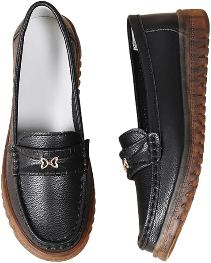 GEXECEUSS Womens Leather Penny Loafers: Comfort Boat Shoes for Working - Lightweight Casual Driving Shoes for Ladies