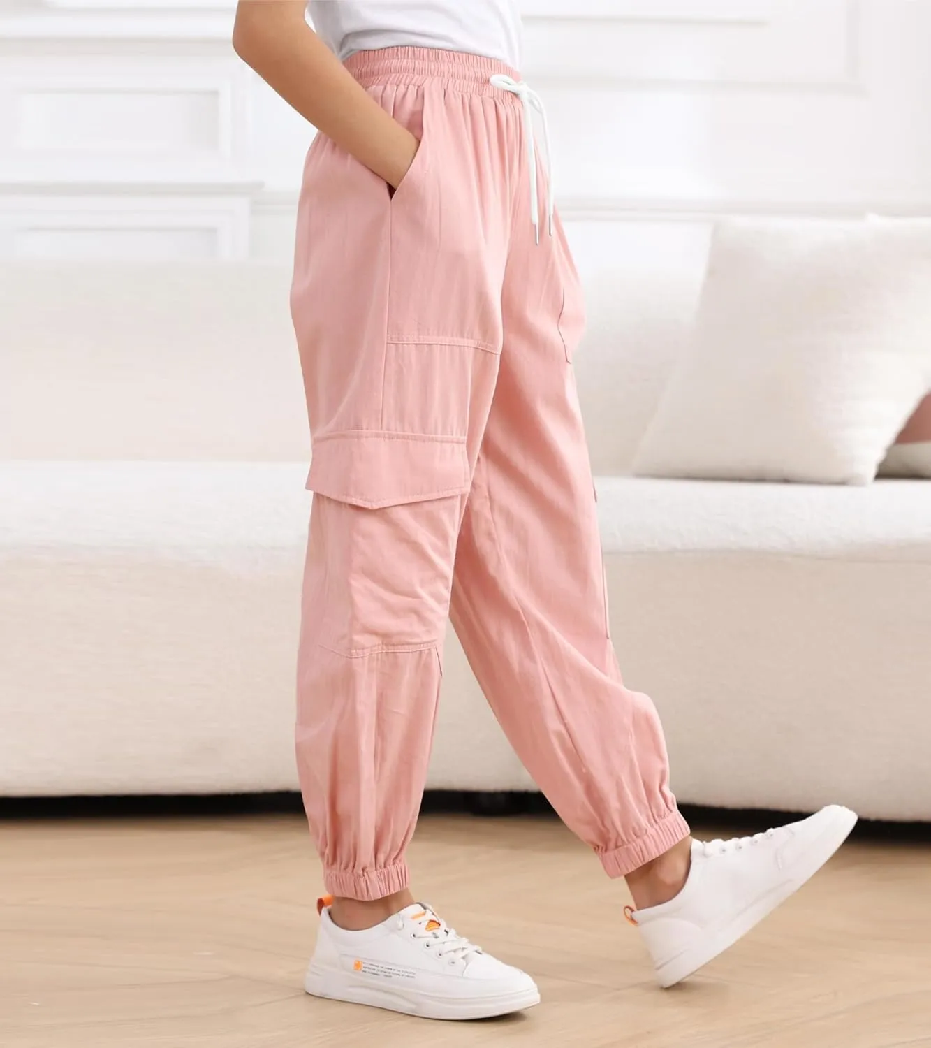 Girls Cargo Pants Baggy Joggers Lightweight Elastic Waist Drawstring with Pockets Casual Travel Hiking Streetwear