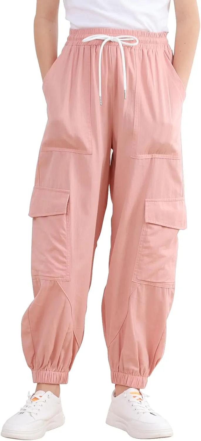 Girls Cargo Pants Baggy Joggers Lightweight Elastic Waist Drawstring with Pockets Casual Travel Hiking Streetwear