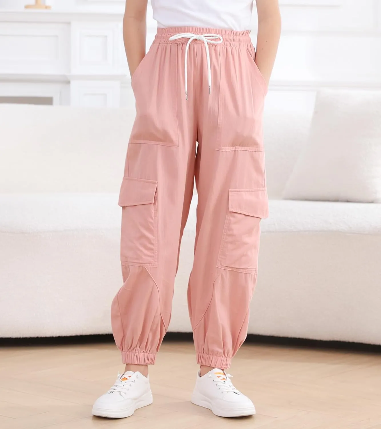 Girls Cargo Pants Baggy Joggers Lightweight Elastic Waist Drawstring with Pockets Casual Travel Hiking Streetwear