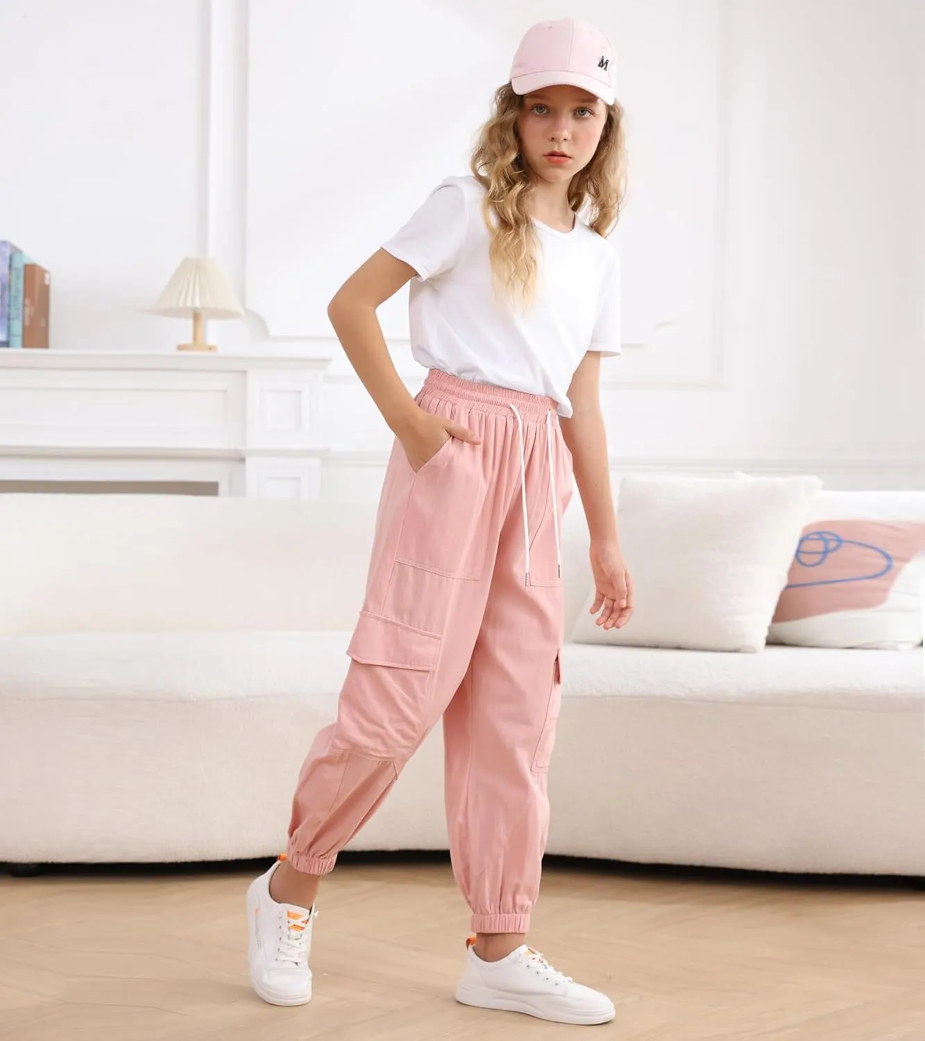Girls Cargo Pants Baggy Joggers Lightweight Elastic Waist Drawstring with Pockets Casual Travel Hiking Streetwear