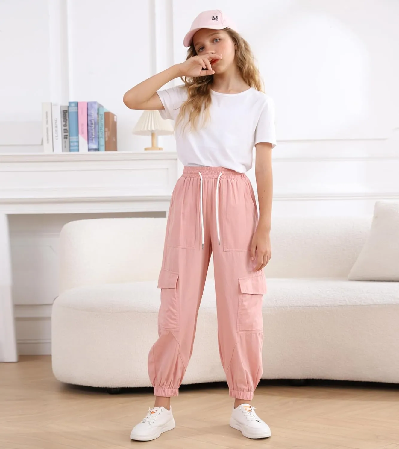 Girls Cargo Pants Baggy Joggers Lightweight Elastic Waist Drawstring with Pockets Casual Travel Hiking Streetwear