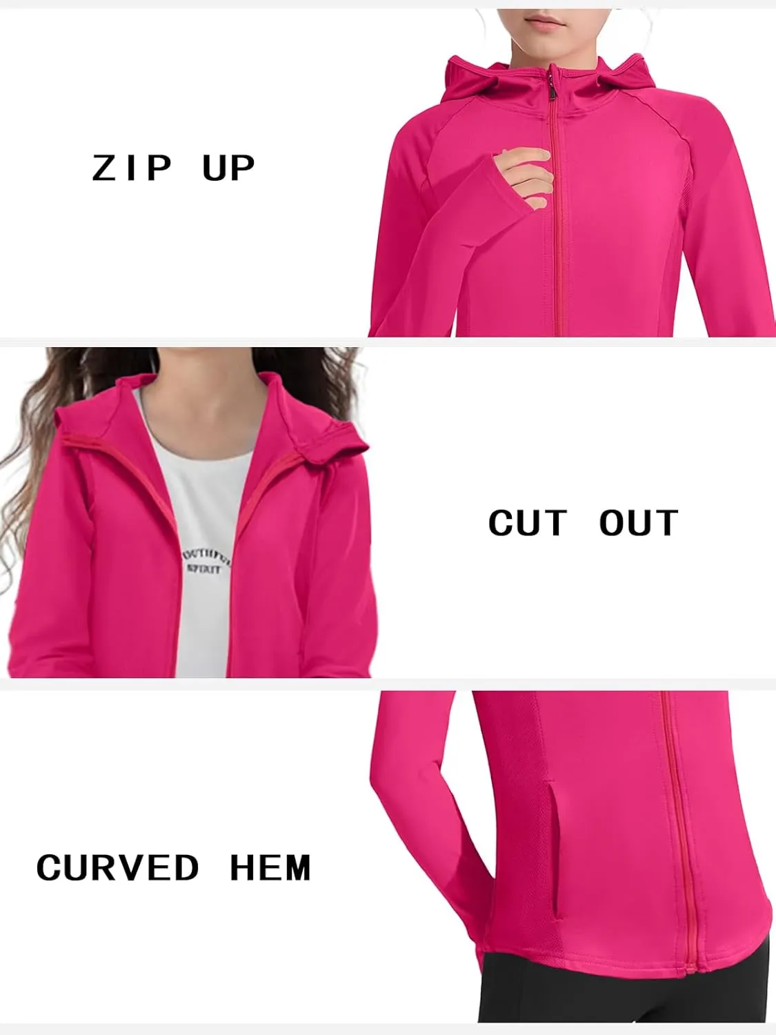 Girls Lightweight Jacket Long Sleeve Zip Up Athletic Hoodie Top UPF50  Fishing Hiking Sun Protection Outwear