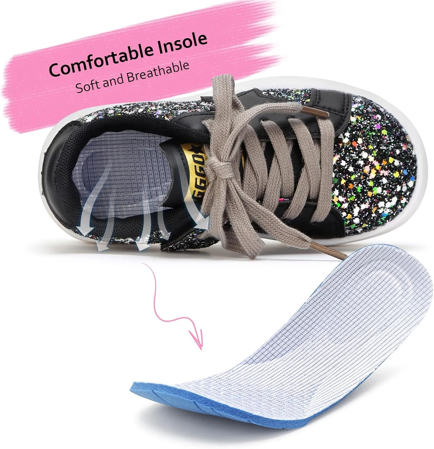Girls Sneakers Glitter Tennis Shoes Lightweight Non-Slip Running Walking Shoes for Toddler/Little Kid/Big Kid
