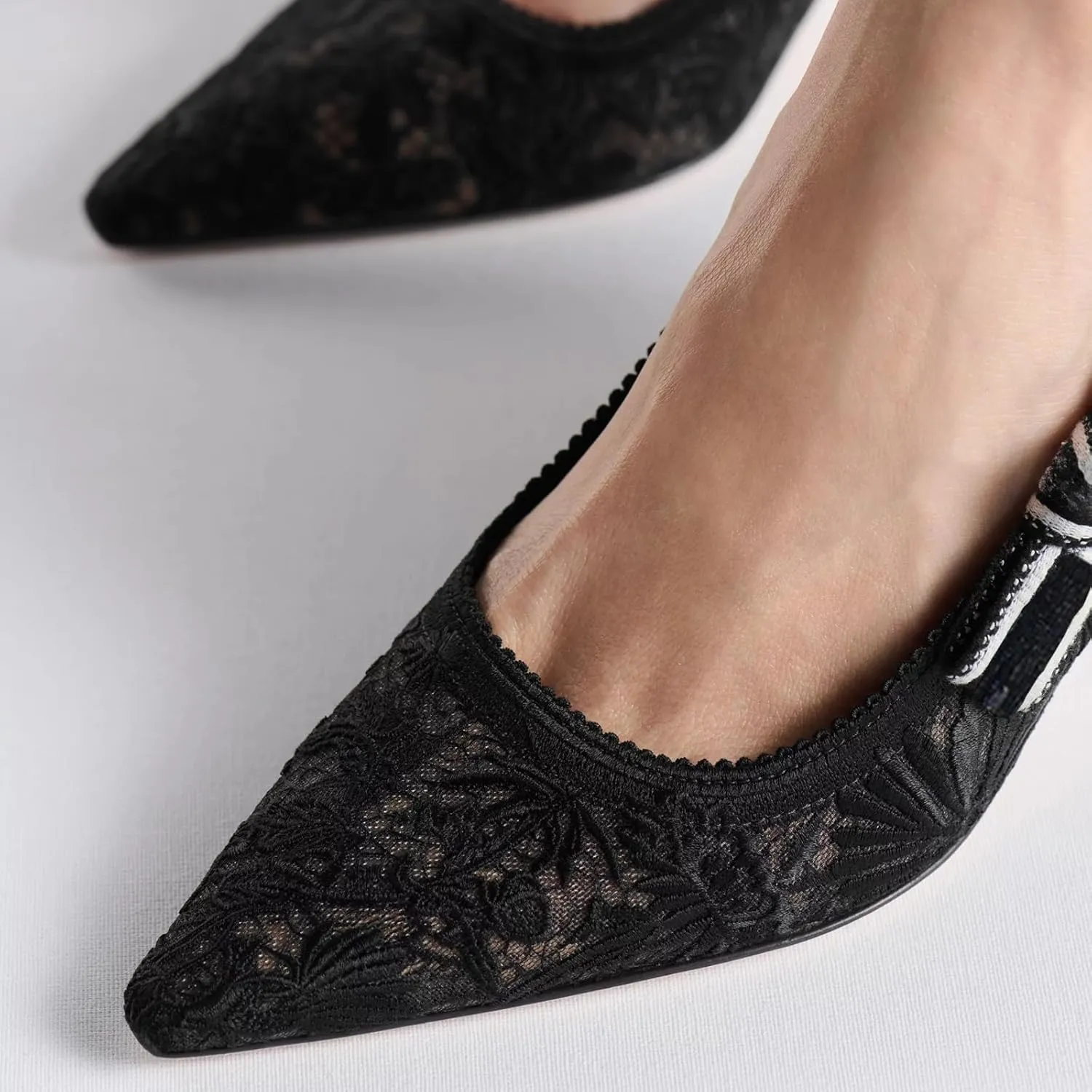 Goolita Pointed Closed Toe Embroidered Slingback Heels for Women, Bow Kitten Heels Mesh Pumps Backless Party Bridal Shoes for Wedding