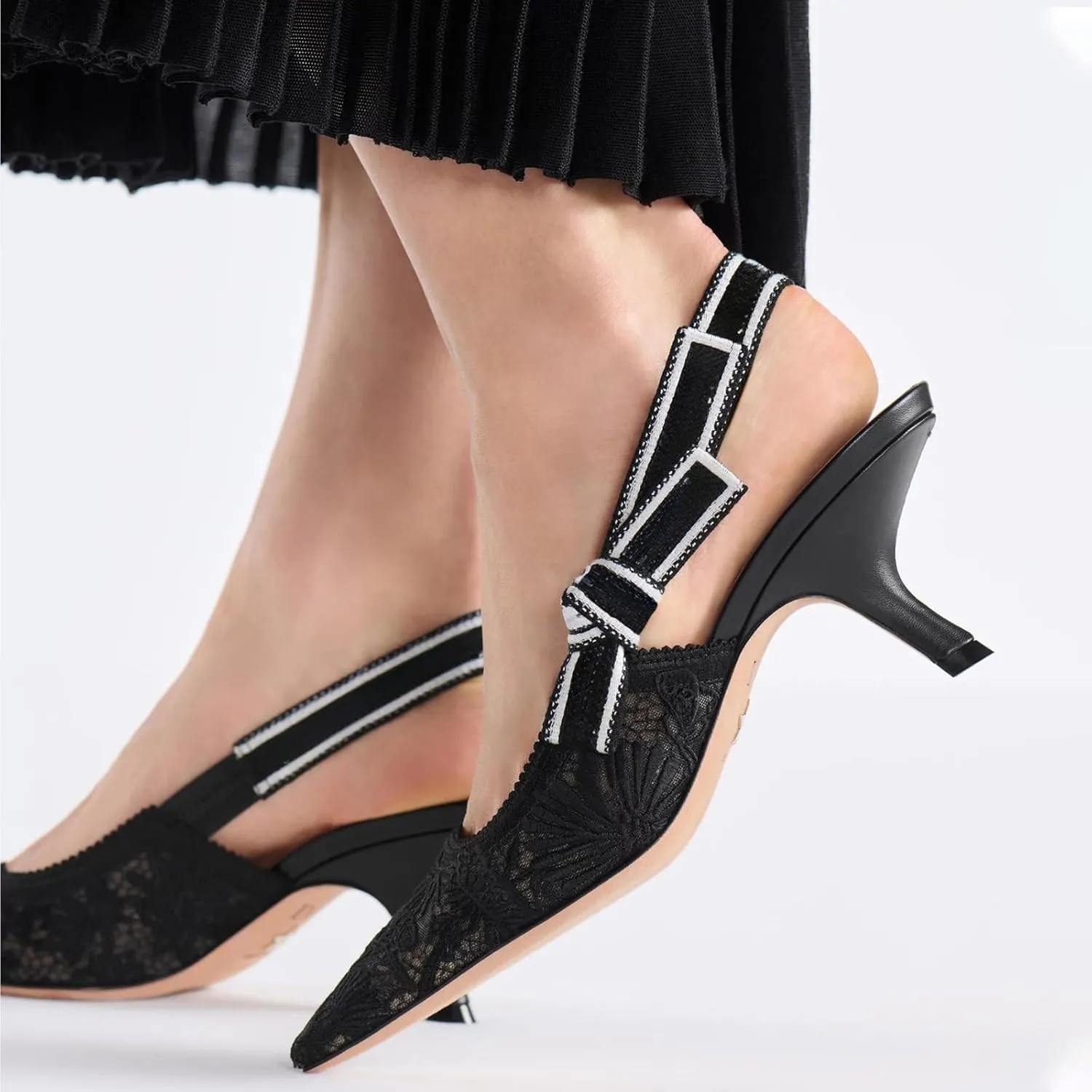 Goolita Pointed Closed Toe Embroidered Slingback Heels for Women, Bow Kitten Heels Mesh Pumps Backless Party Bridal Shoes for Wedding