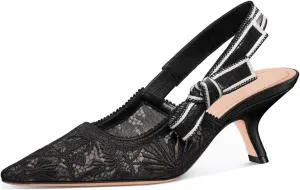 Goolita Pointed Closed Toe Embroidered Slingback Heels for Women, Bow Kitten Heels Mesh Pumps Backless Party Bridal Shoes for Wedding