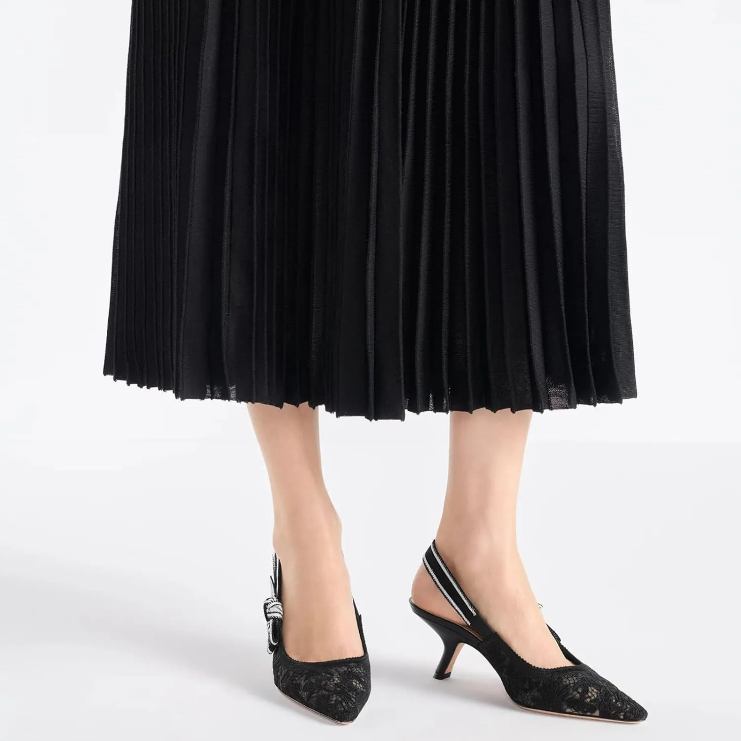 Goolita Pointed Closed Toe Embroidered Slingback Heels for Women, Bow Kitten Heels Mesh Pumps Backless Party Bridal Shoes for Wedding